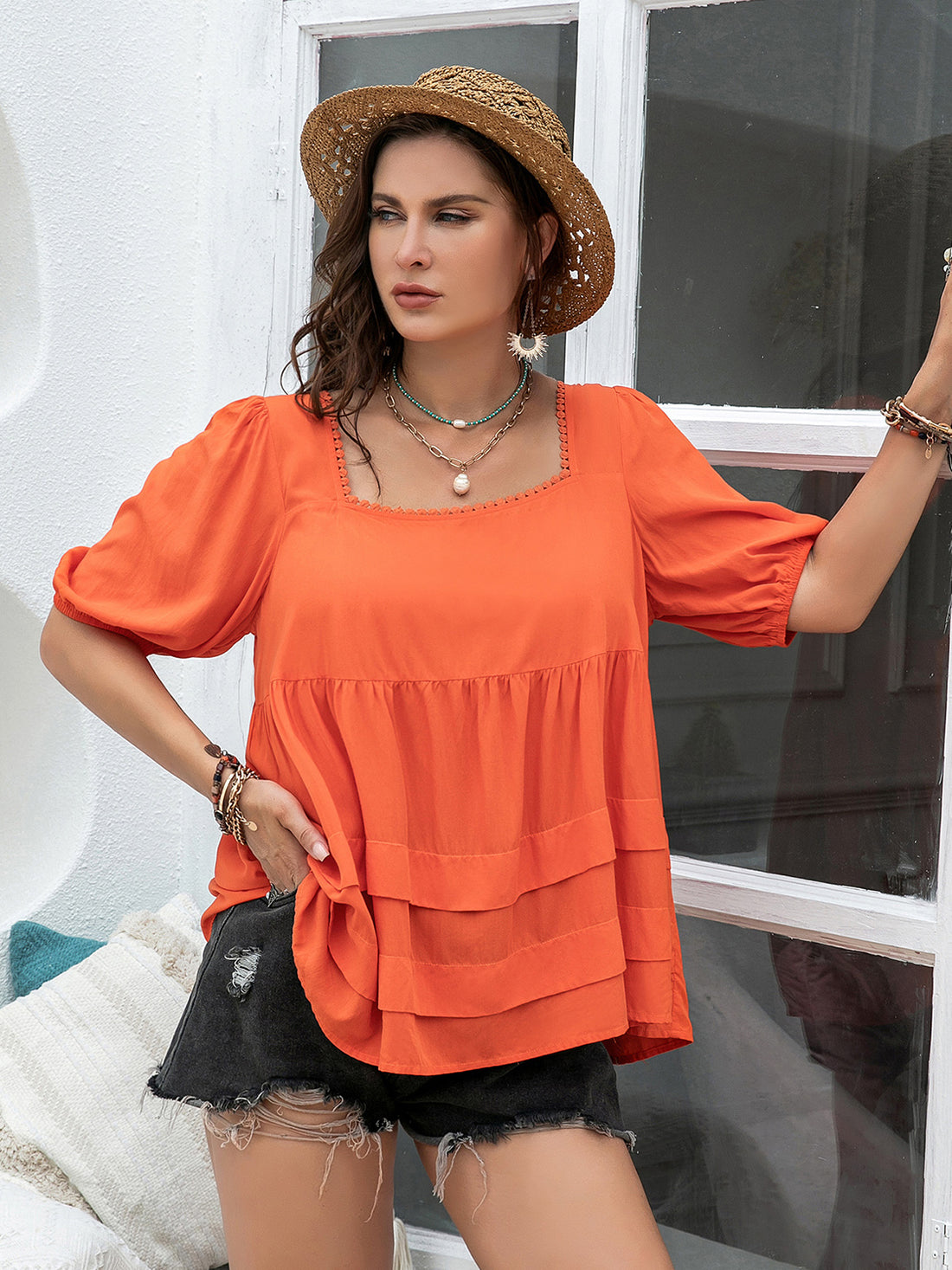 Plus Size Square Neck Half Sleeve Blouse 