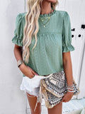 Devine Eyelet Mock Neck Flounce Sleeve Blouse 