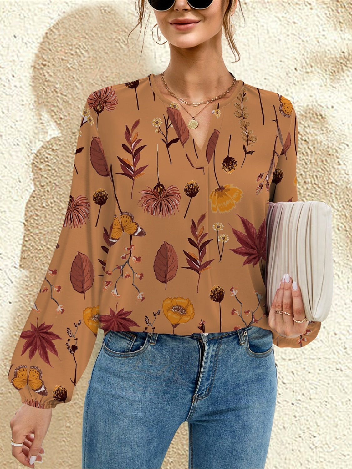FAM-FAM Printed Notched Long Sleeve Blouse 
