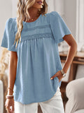 Devine Lace Detail Round Neck Short Sleeve Blouse 