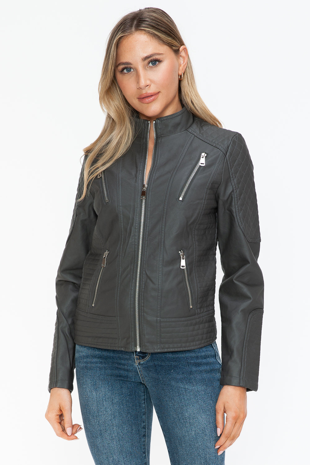 Snobbish Faux Leather Zip Up Mock Neck Jacket 