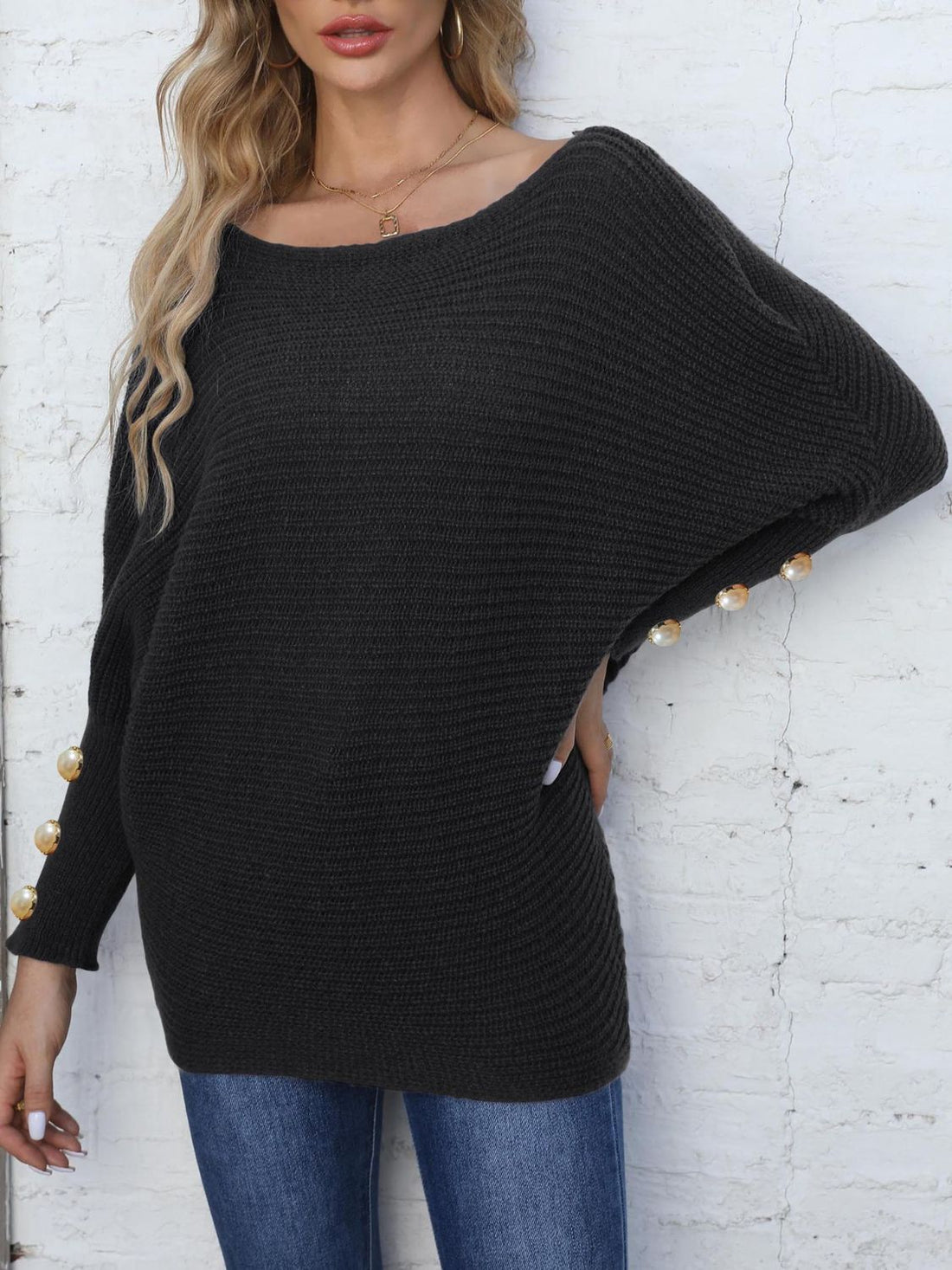 Full Size Boat Neck Long Sleeve Sweater 