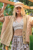 POL Quilting Patch Button Up Cable Knit Jacket 