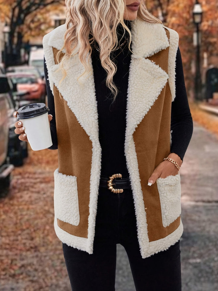 Full Size Contrast Open Front Sherpa Vest Coat 