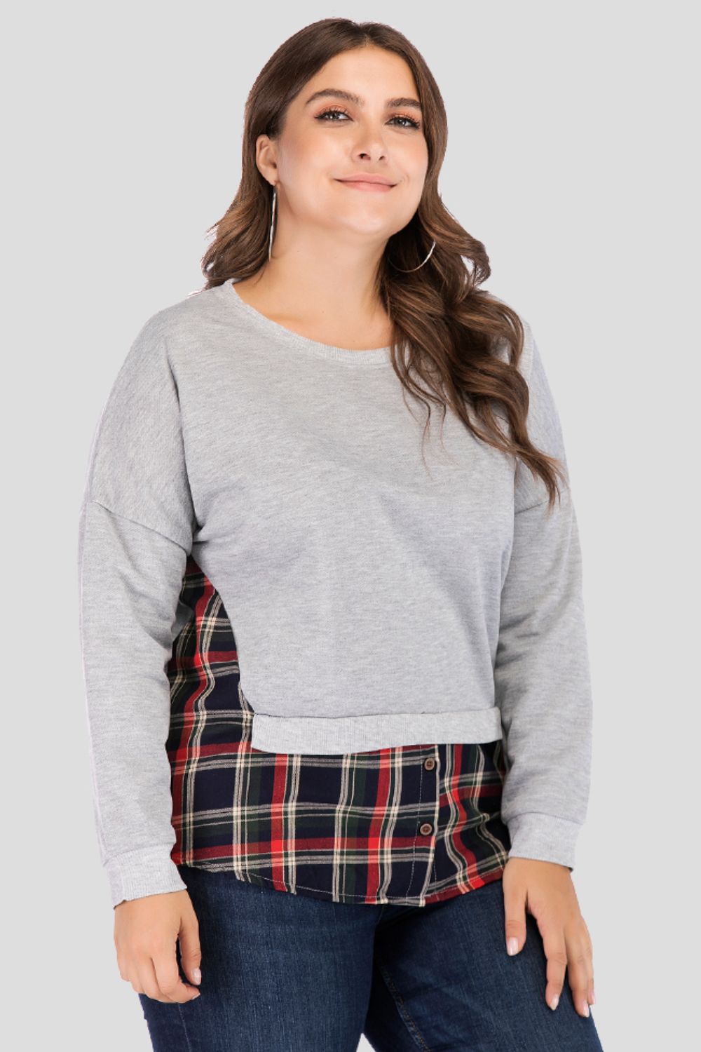 Full Size Plaid Patch Drop Shoulder Round Neck Top 