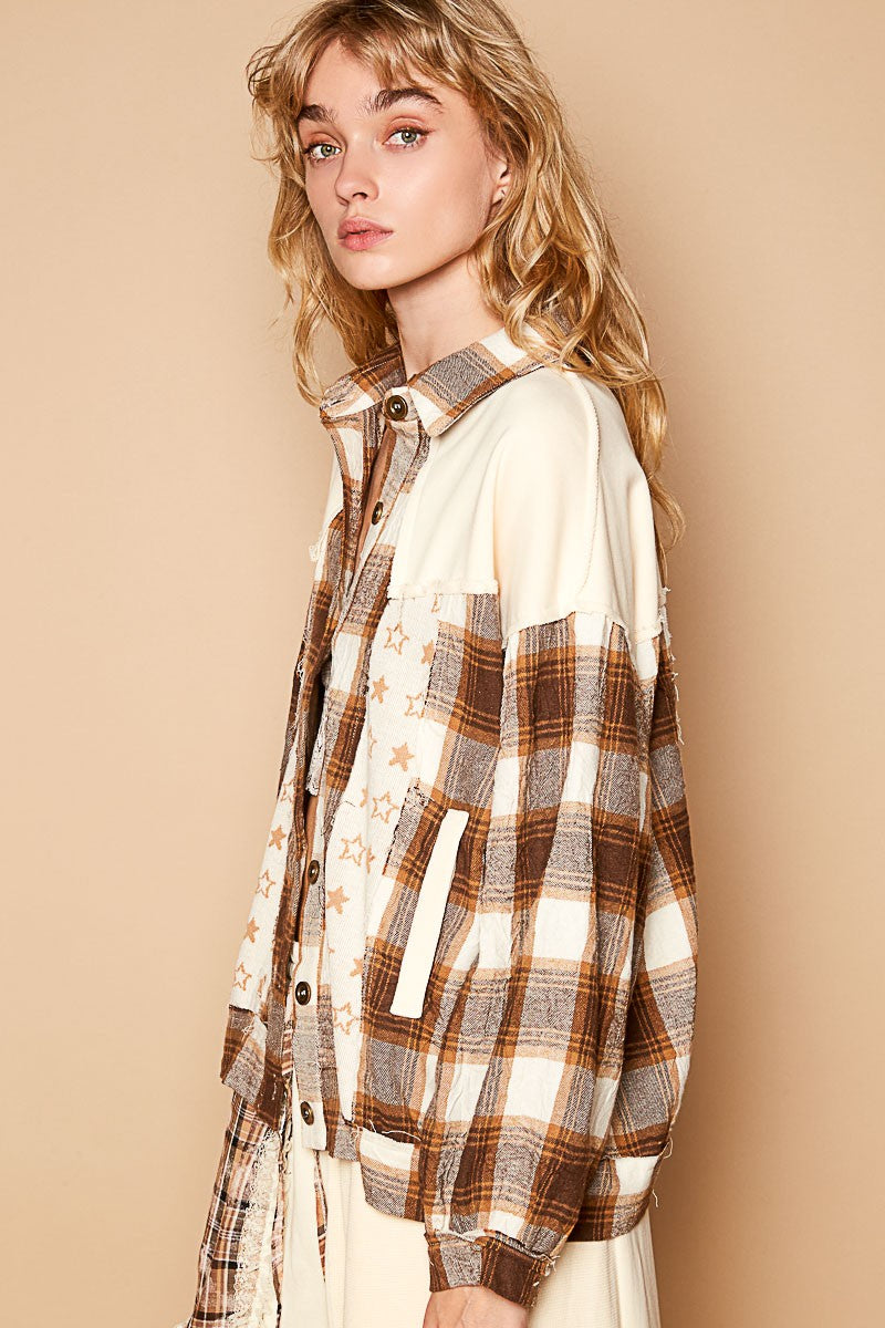 POL Plaid & Star Patchwork Contrast Long Sleeve Shacket 