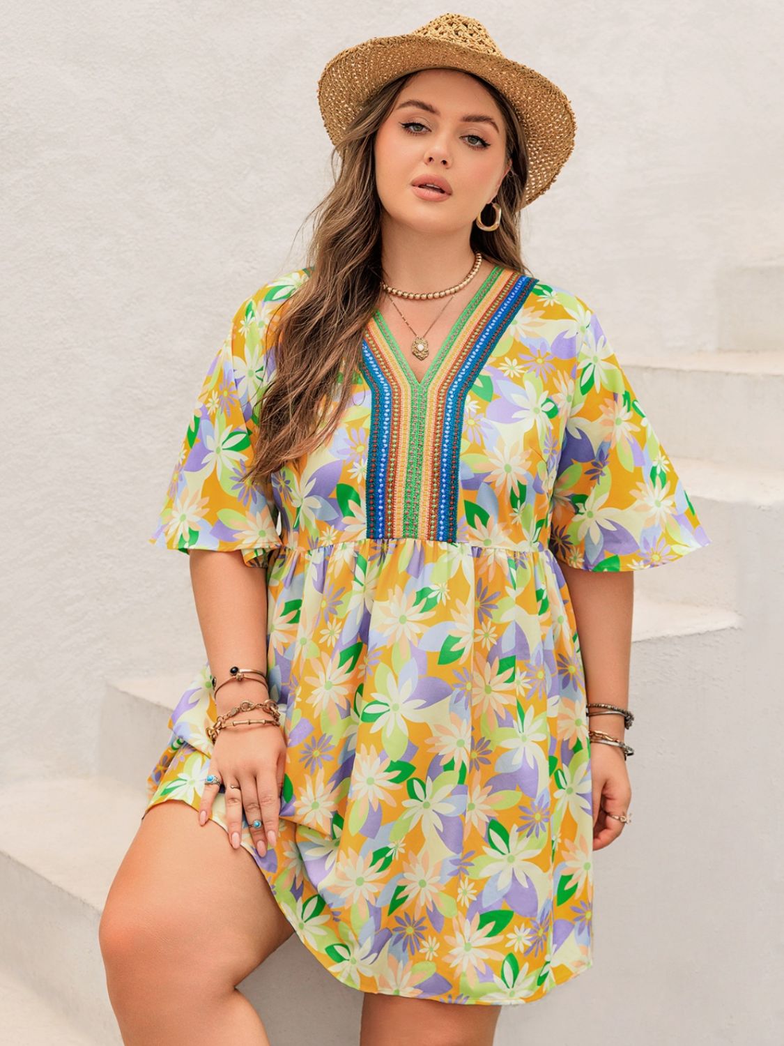 Plus Size Printed V-Neck Half Sleeve Mini Dress 