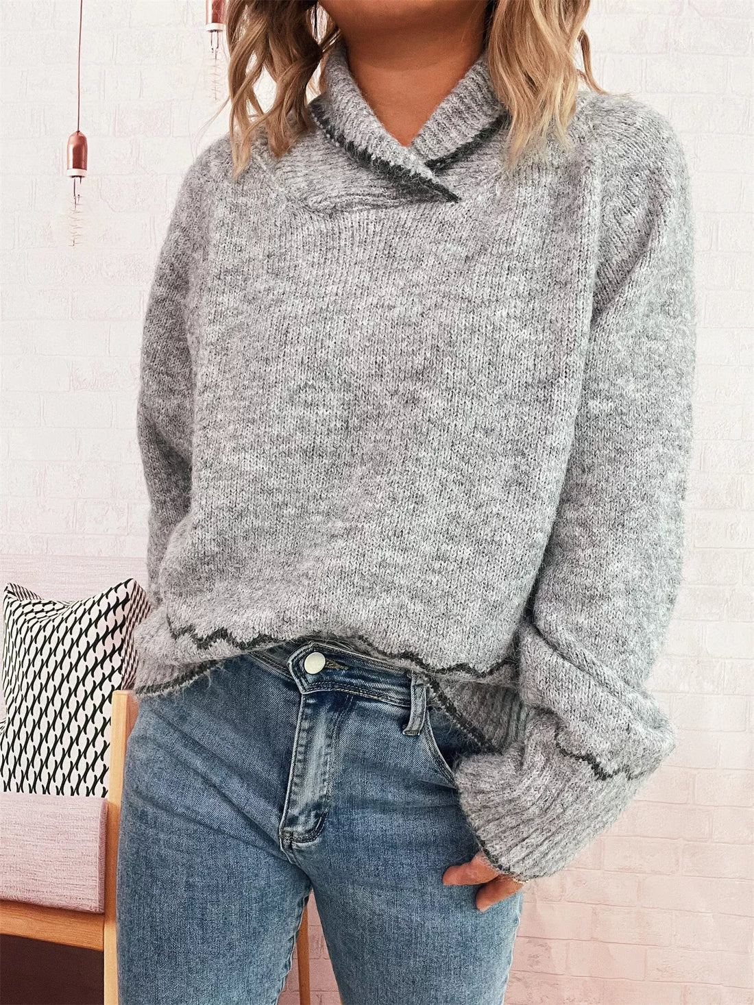 Ribbed Contrast Trim Long Sleeve Sweater 