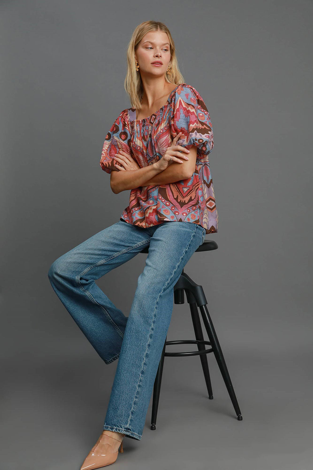 Umgee Full Size Abstract Print Smocked Square Neck Puff Sleeve Blouse 