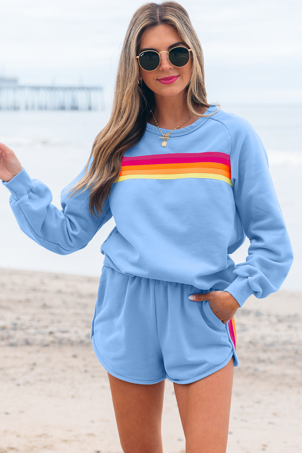 Beau Blue Striped Accent Pullover and Shorts Two Piece Casual Set Two Piece Sets/Short Sets