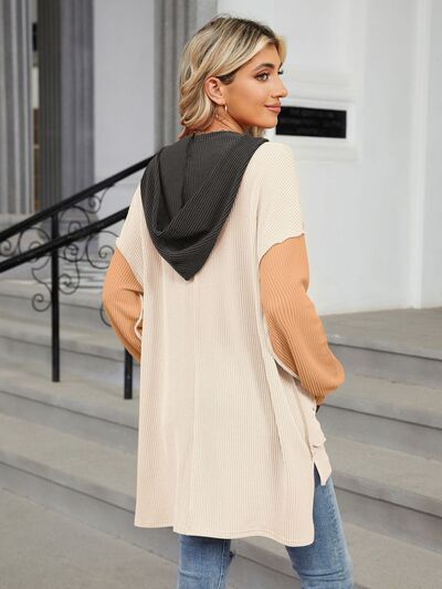 Double Take Contrast Hooded Long Sleeve Top 