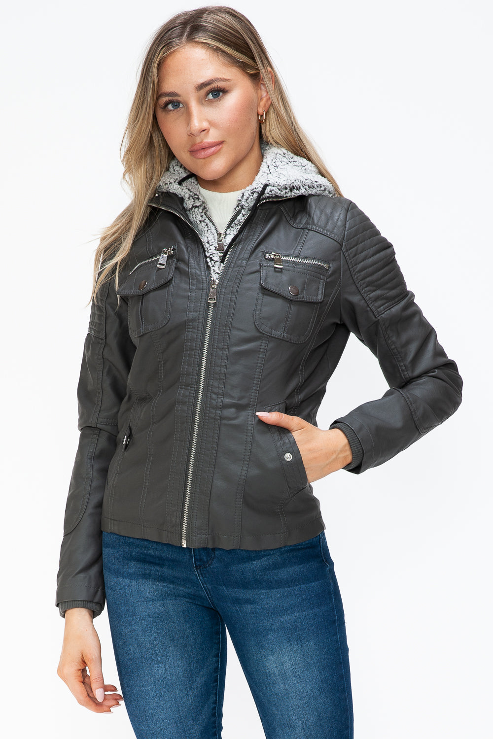 YMI Removable Faux Layered Multi-Pocket Jacket with Fuzzy Hood 
