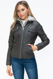 YMI Removable Faux Layered Multi-Pocket Jacket with Fuzzy Hood 