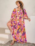 Plus Size Printed Tie Neck Maxi Dress 