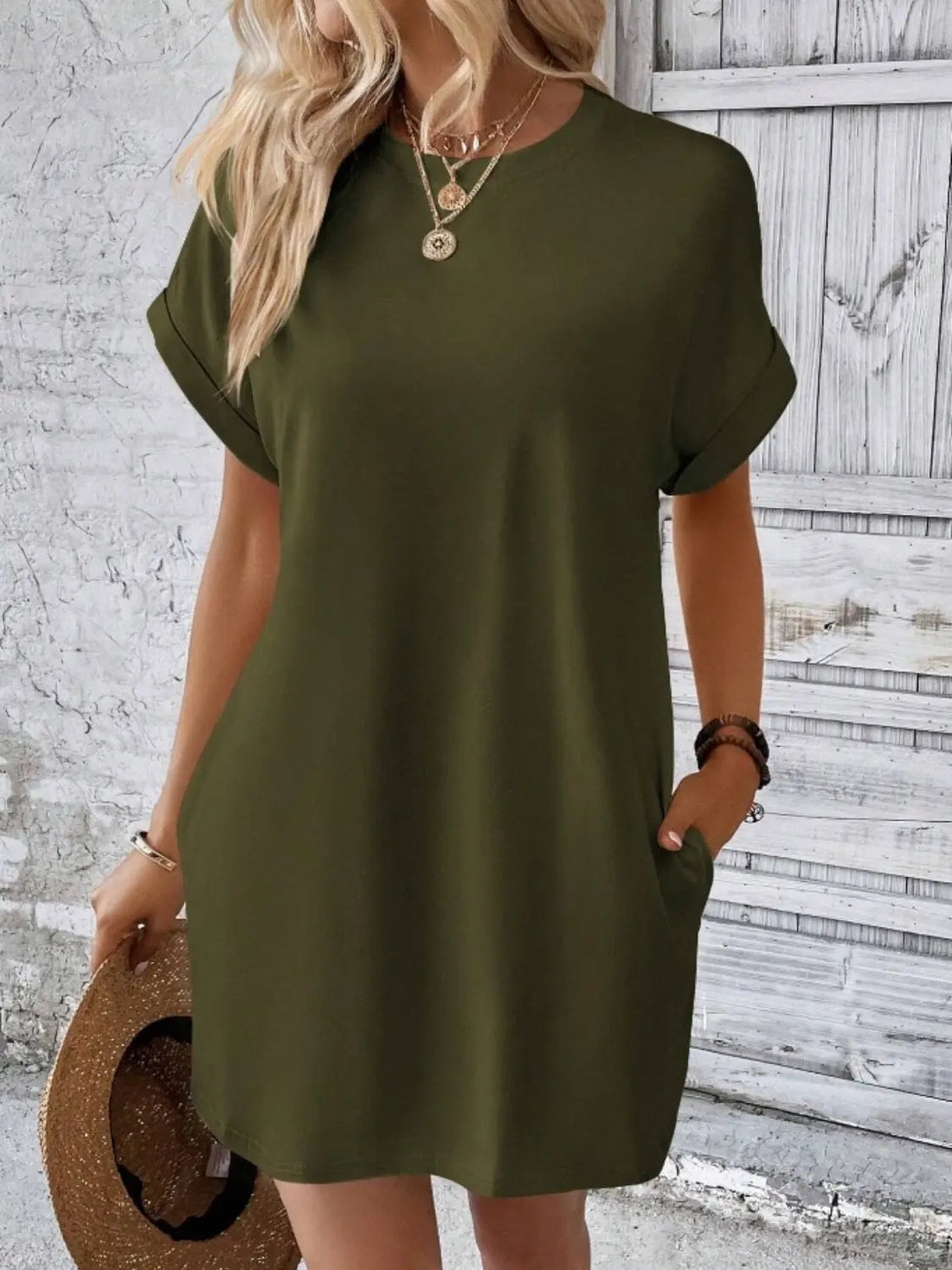 Pocketed Round Neck Short Sleeve Dress 