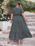 Plus Size Printed V-Neck Flutter Sleeve Midi Dress 