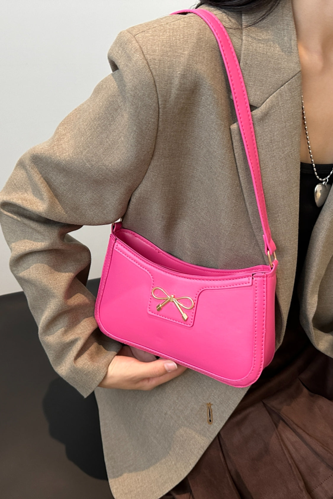 Bow Trim PU Leather Shoulder Bag 
