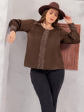 Plus Size Lace Detail Round Neck Long Sleeve Blouse 