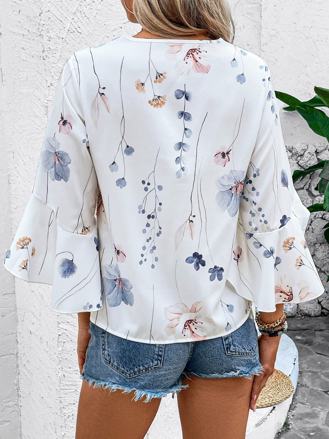 Honey Ruffled Printed V-Neck Half Sleeve Blouse 