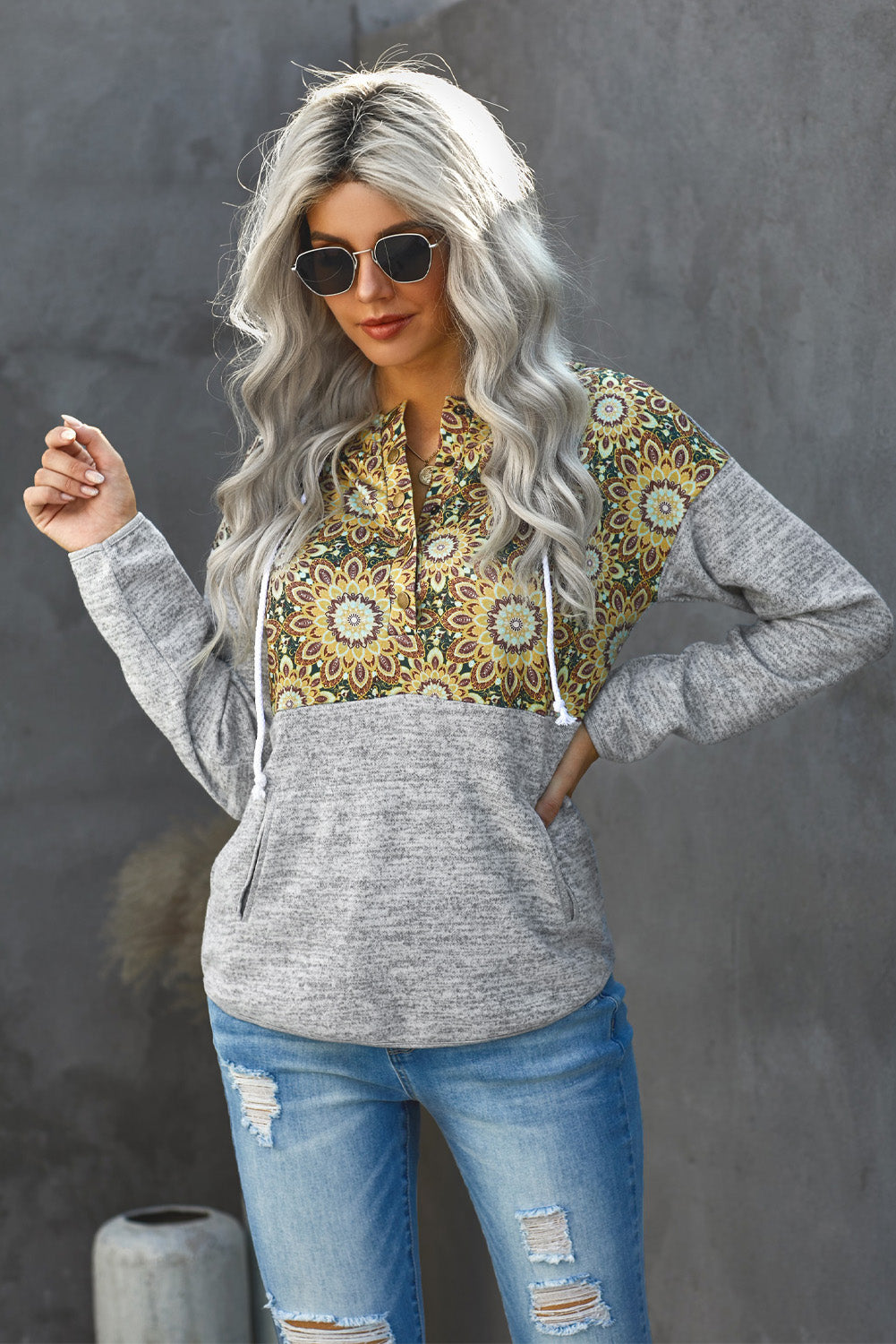 Floral Drawstring Half Snap Hoodie 