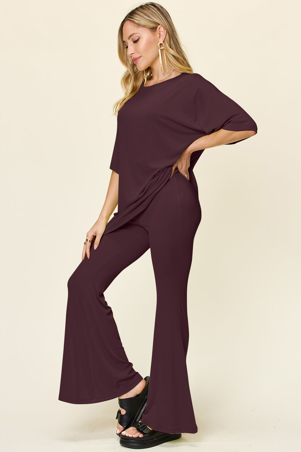Double Take Full Size Round Neck Drop Shoulder T-Shirt and Flare Pants Set 