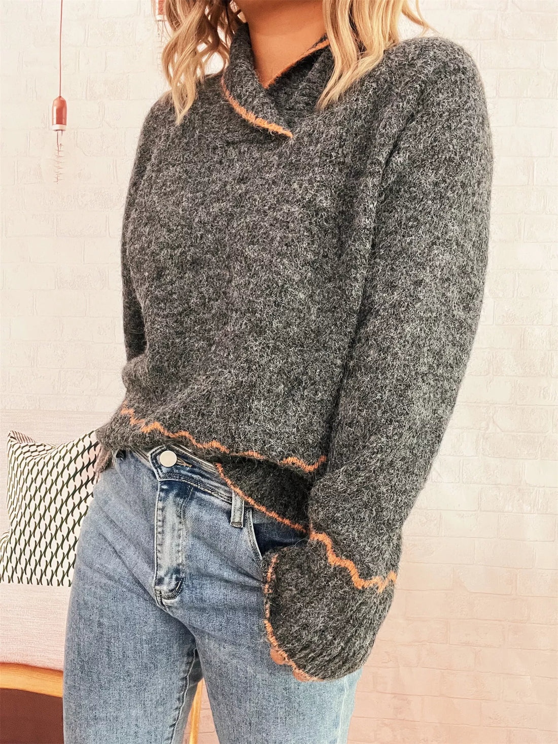 Ribbed Contrast Trim Long Sleeve Sweater 