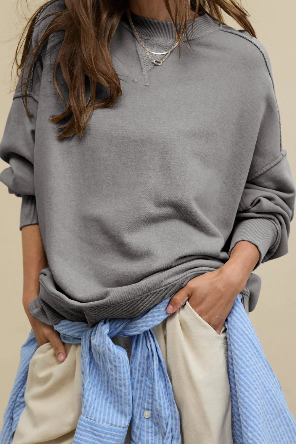 Side Slit Round Neck Long Sleeve Sweatshirt 
