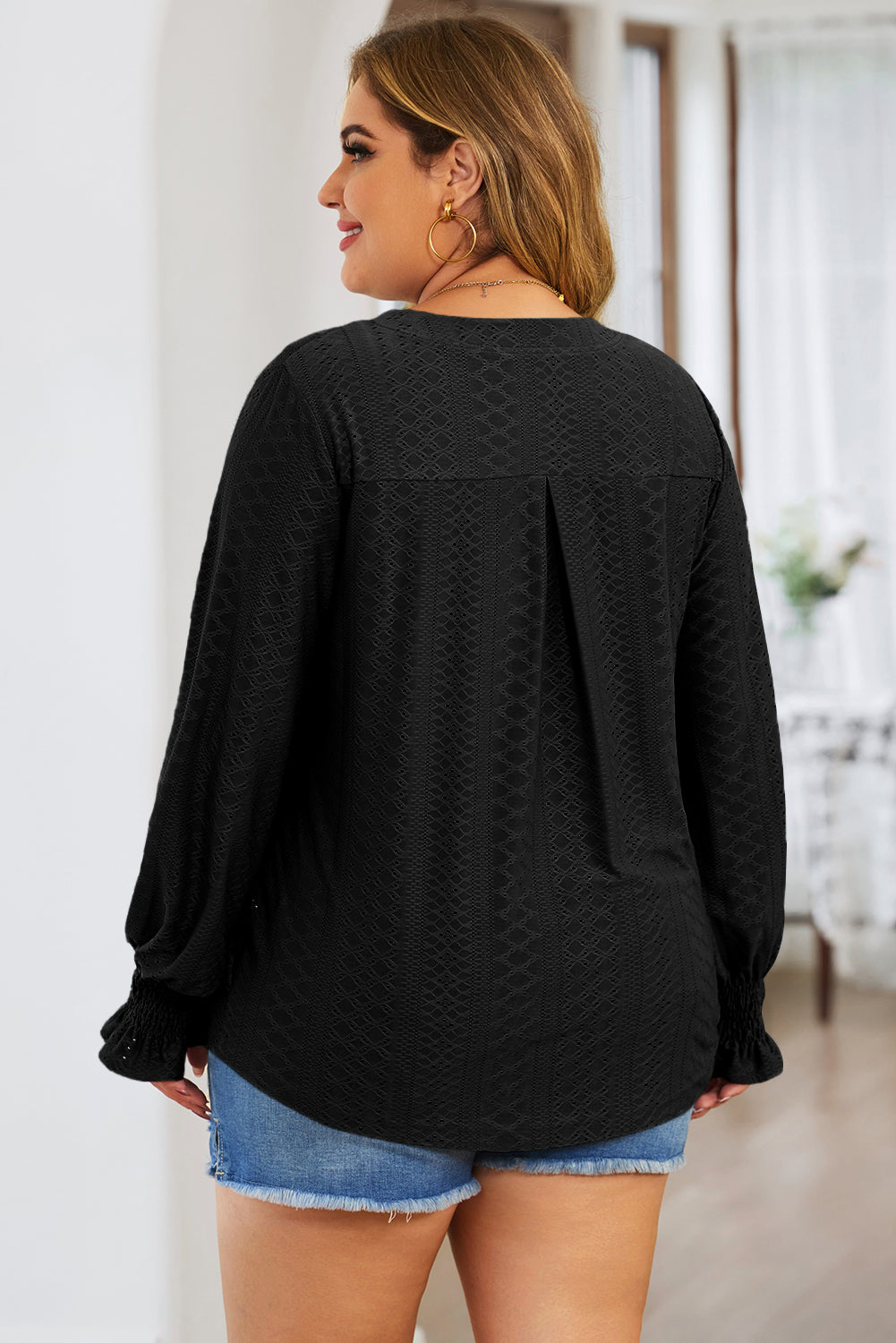 Plus Size Eyelet Notched Flounce Sleeve Blouse 