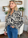 Double Take Full Size Printed Ruffle Trim Balloon Sleeve Shirt 