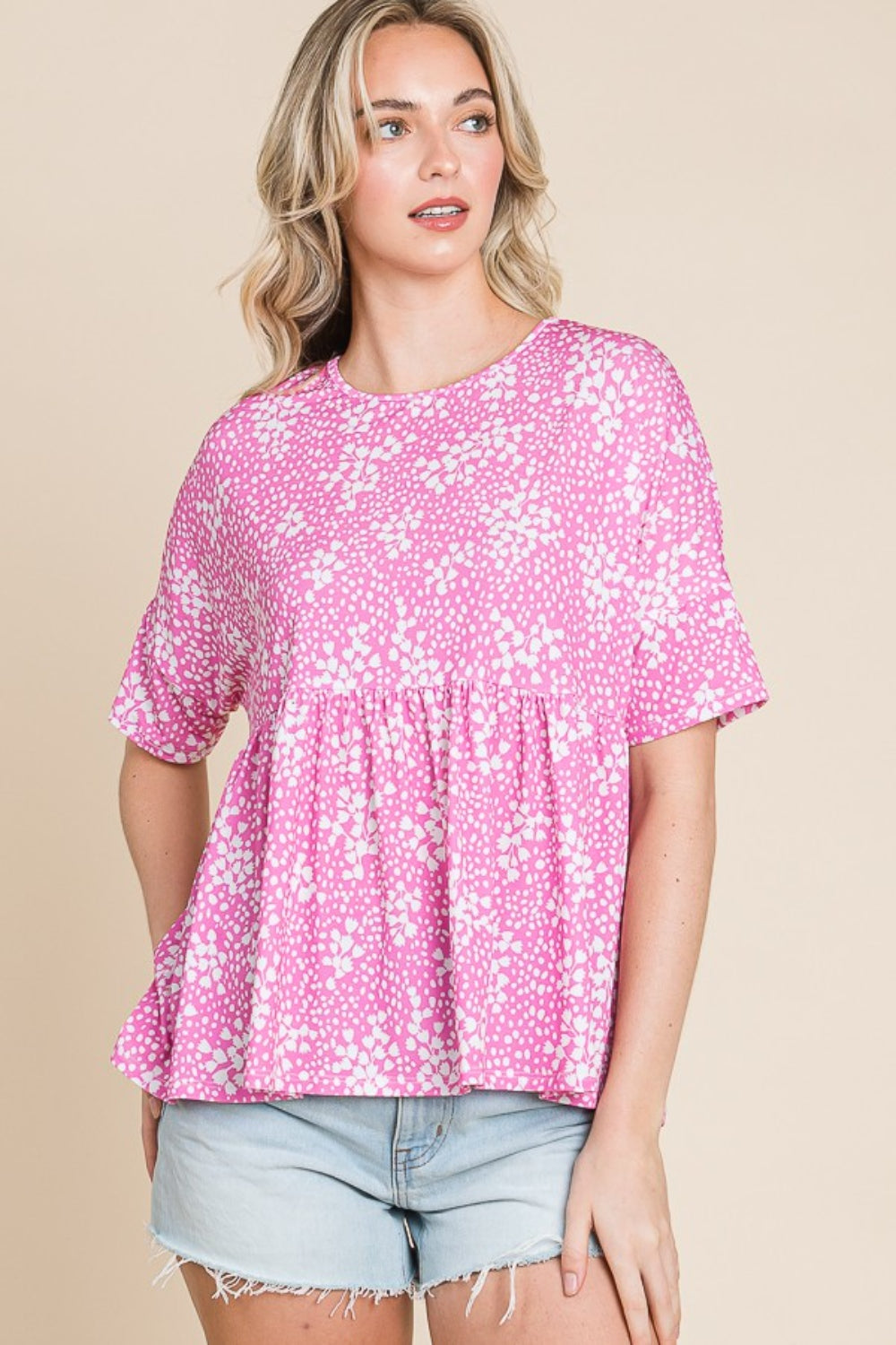 BOMBOM Floral Round Neck Peplum Blouse 