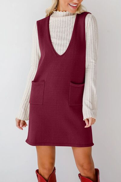 Lovelet Pocketed V-Neck Mini Sweater Overall Dress Dresses