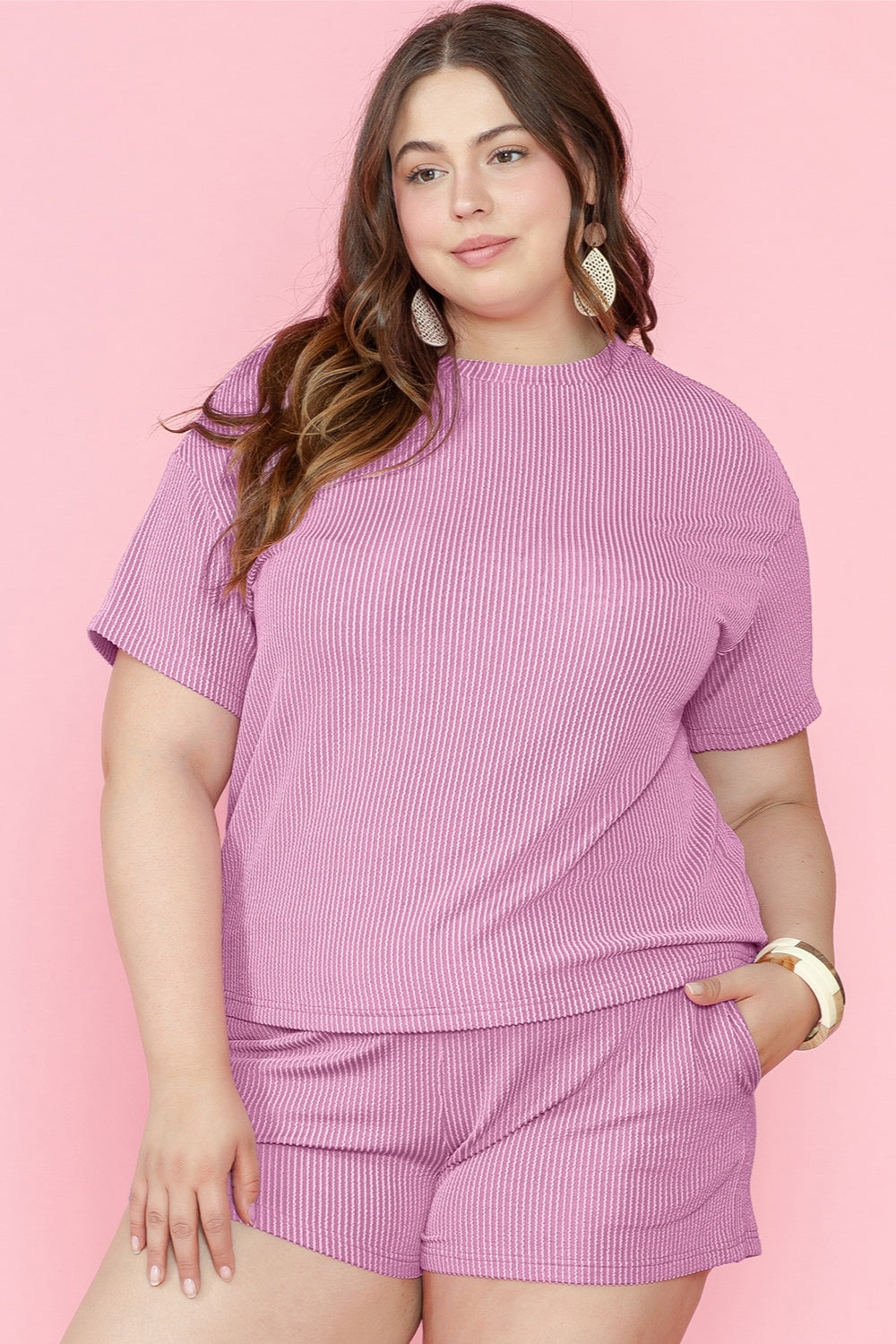 Plus Size Round Neck Short Sleeve Top and Shorts Set 