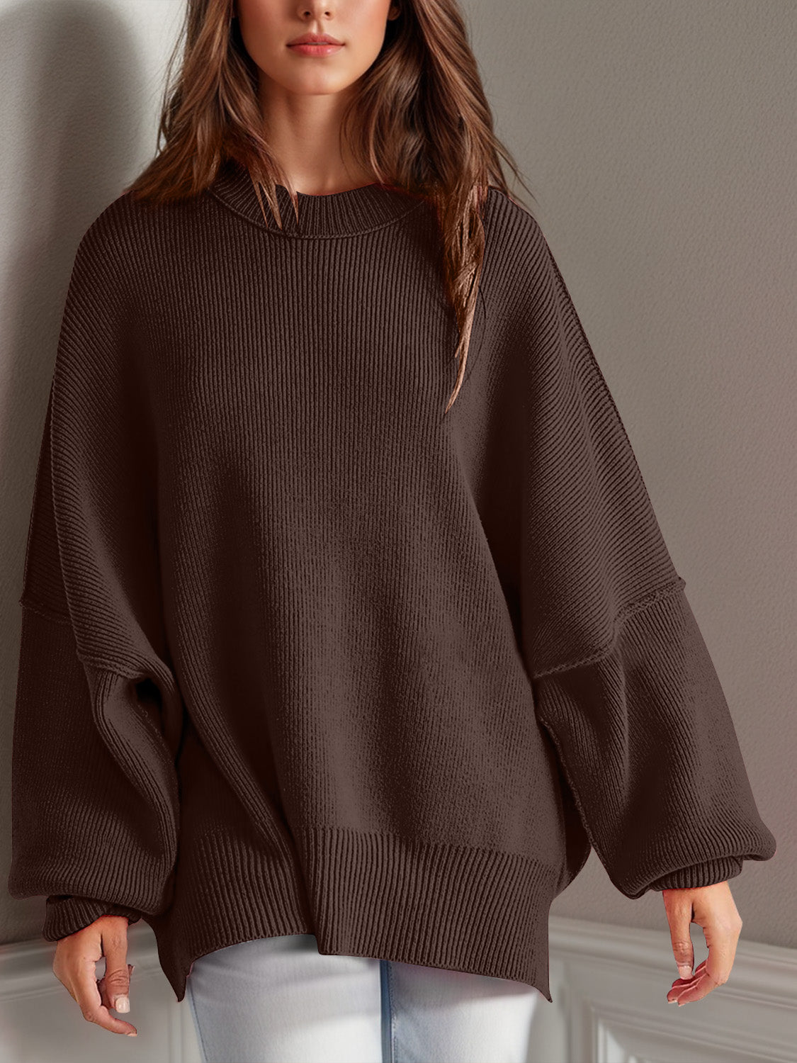 Double Take Side Slit Round Neck Long Sleeve Sweater 