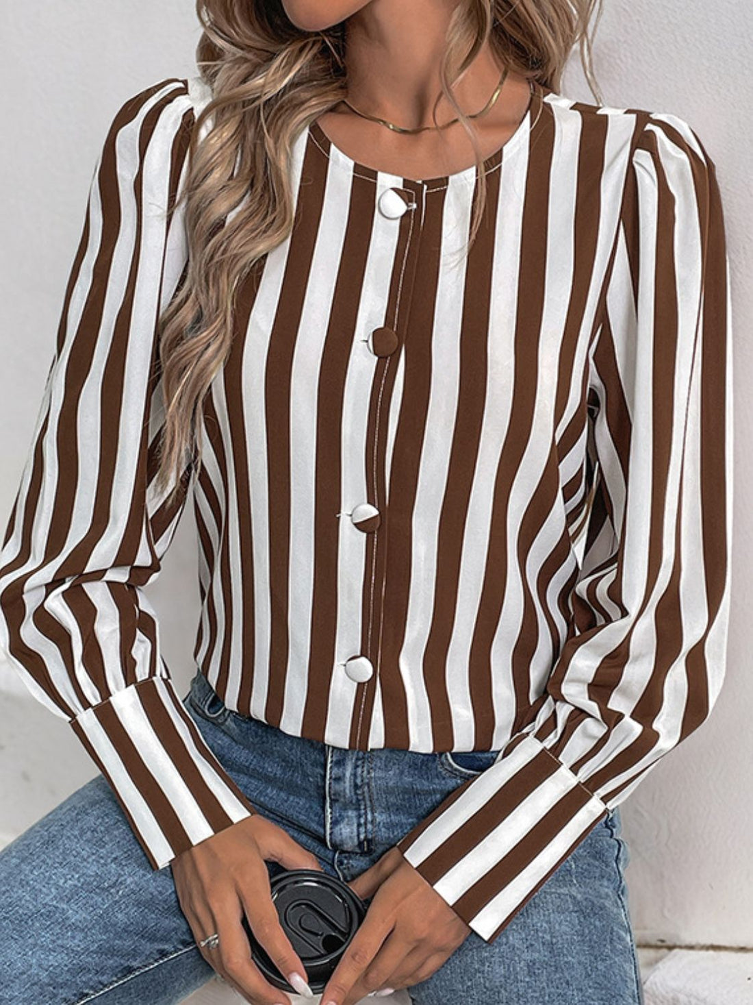 Perfee Striped Round Neck Long Sleeve Blouse 