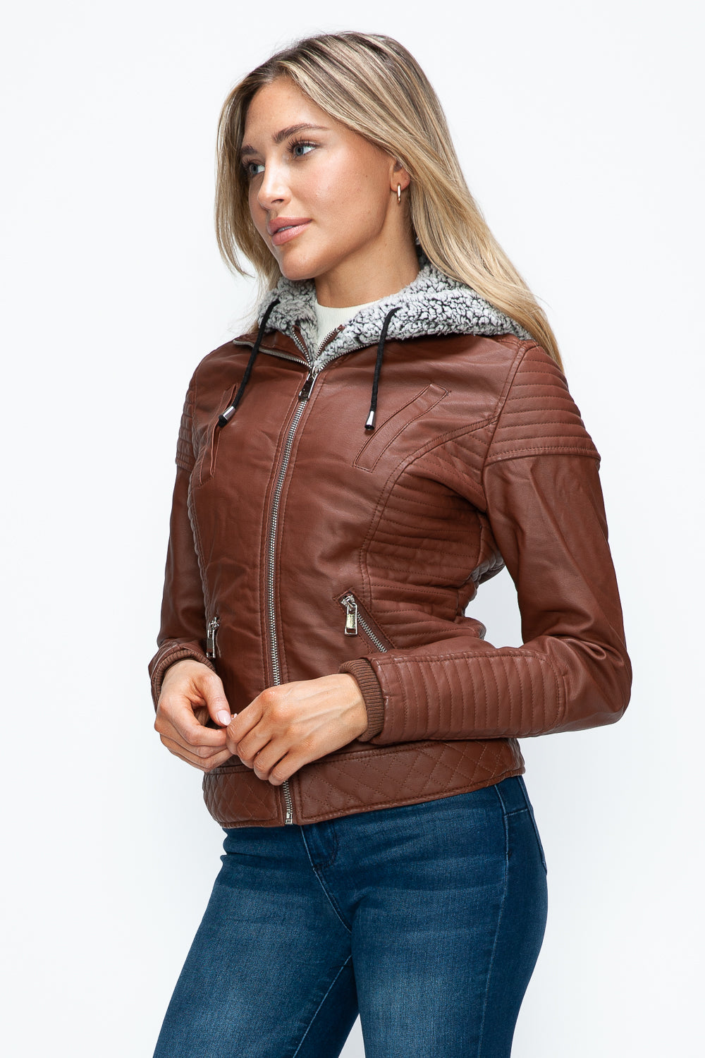 YMI Faux Layered Double-Zipper Jacket with Fuzzy Hood 