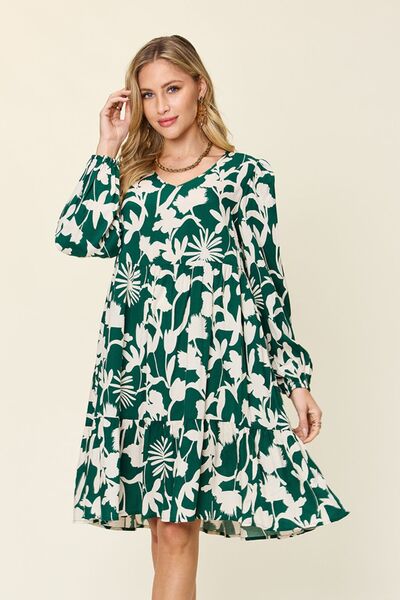 Double Take Full Size Printed Ruffle Hem Dress with Pocket 