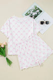 Bow Print Lettuce Trim Round Neck Top and Shorts Lounge Set Lingerie & Nightwear