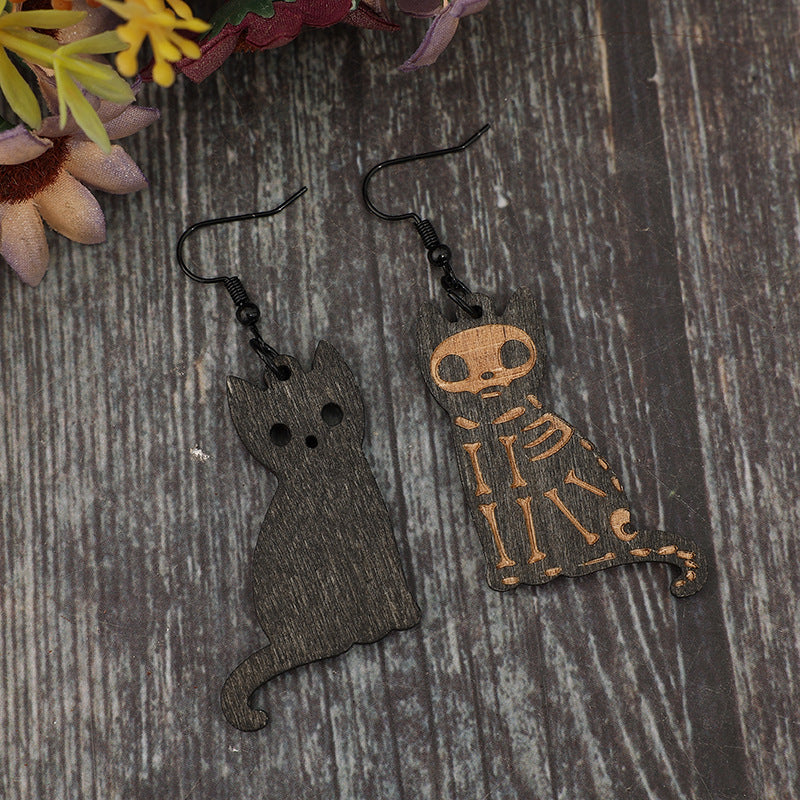 Alloy Hook Wooden Cat Earrings 