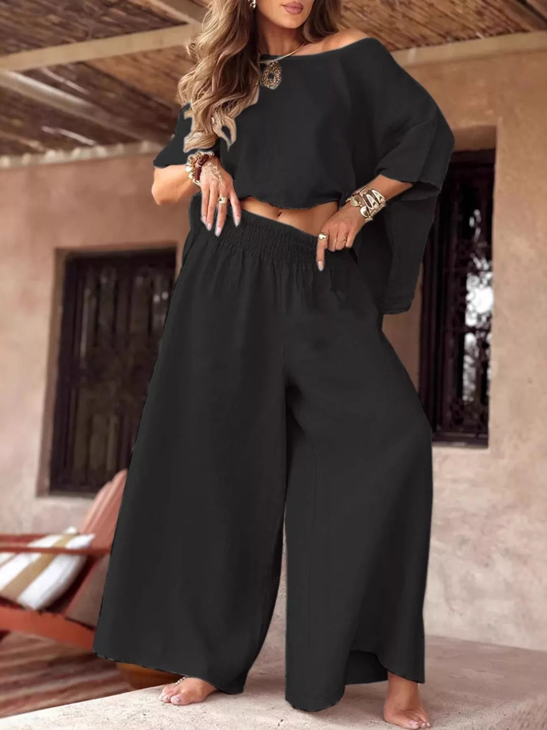 Full Size Boat Neck Top and Wide Leg Pants Set Plus Size Two Piece Dresses
