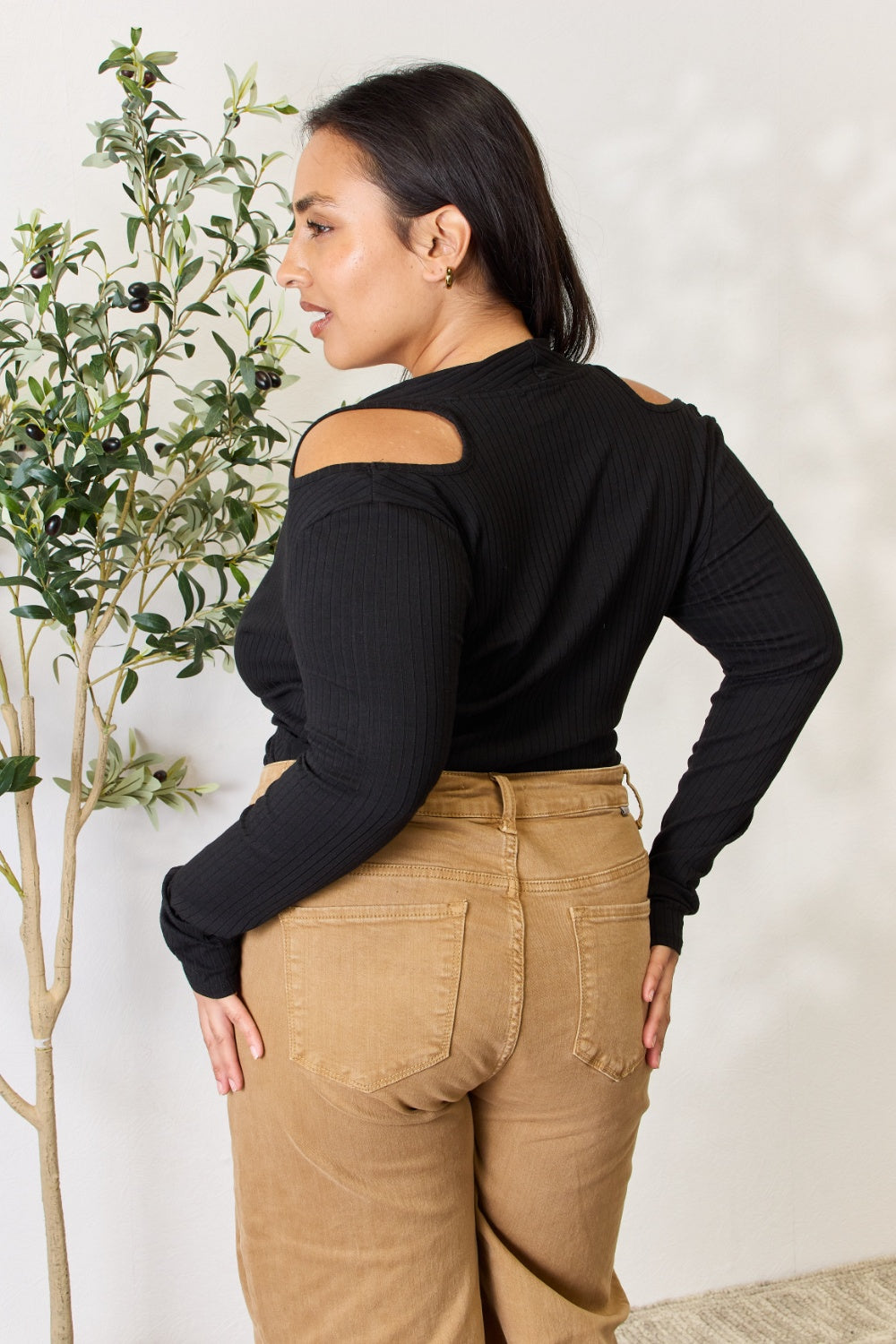 Culture Code Full Size Ribbed Surplice Cold Shoulder Top 