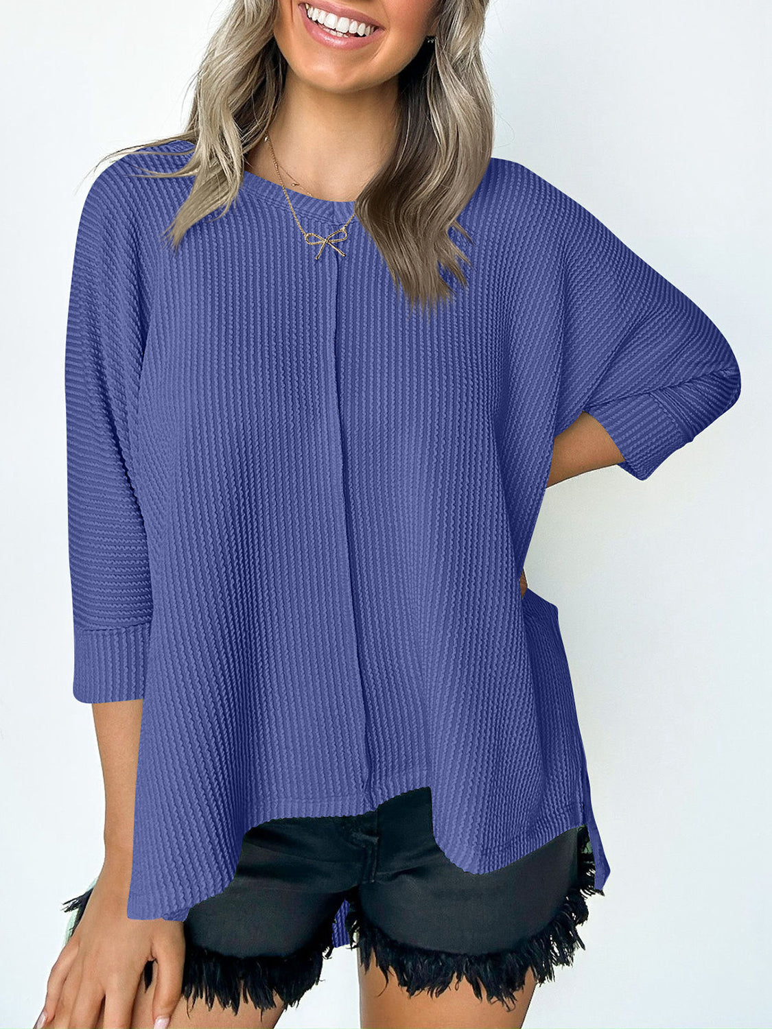Lovelet Textured Round Neck Three-Quarter Sleeve Blouse 