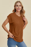 Double Take Full Size Cable-Knit Round Neck Cap Sleeve Sweater 