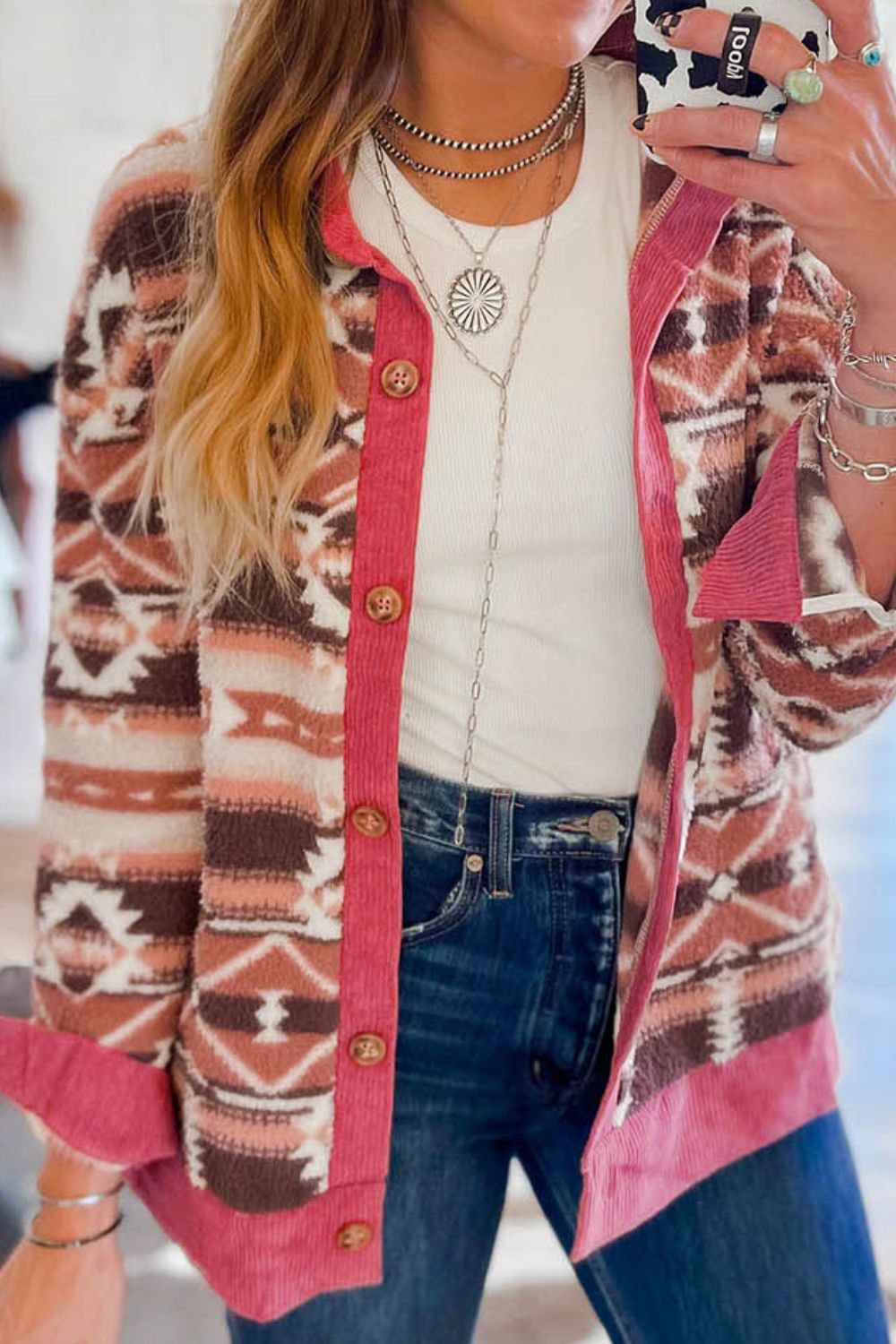 Geometric Button Up Corduroy Trim Jacket 