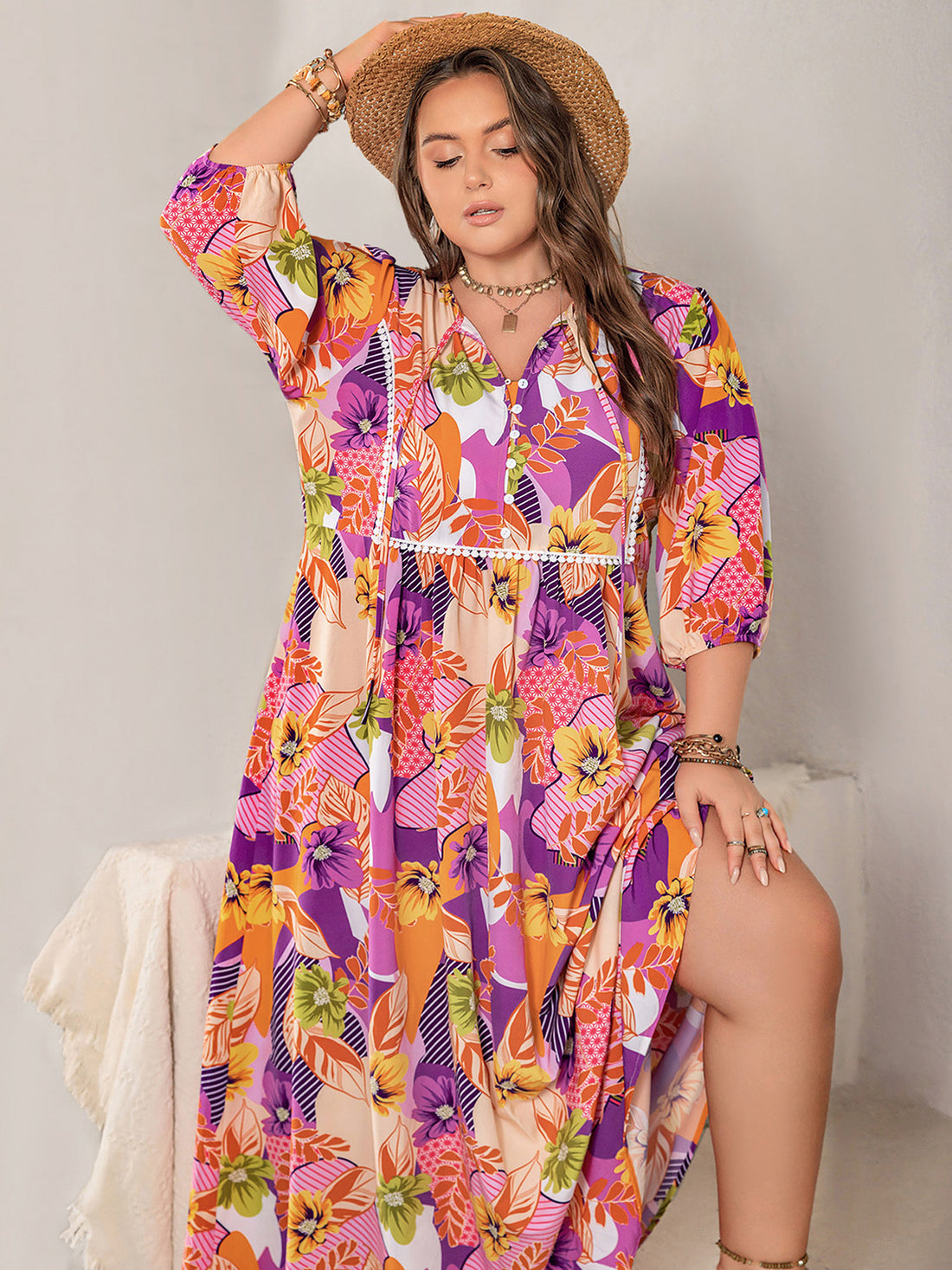 Plus Size Printed Tie Neck Maxi Dress 