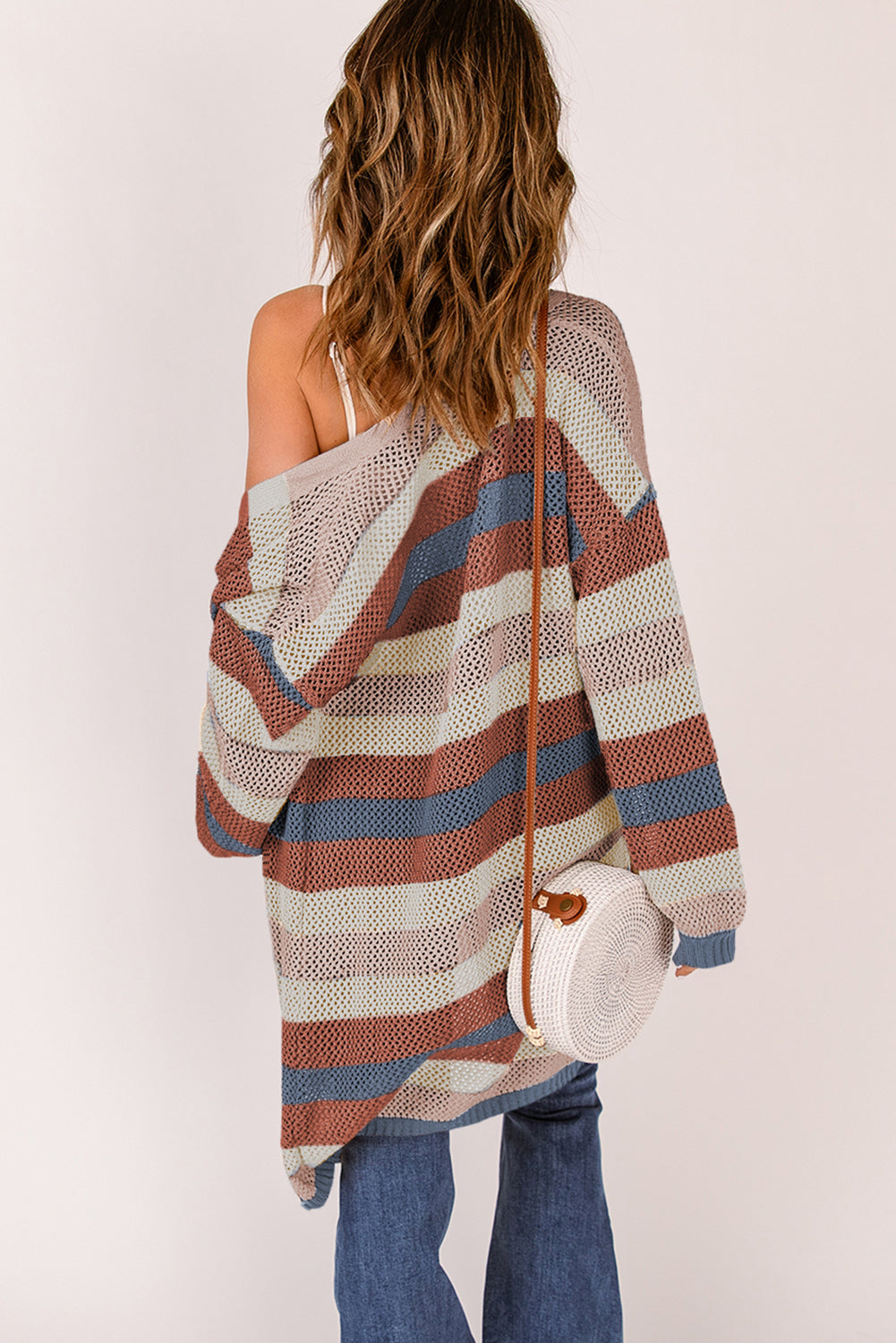 Full Size Striped Long Sleeve Openwork Cardigan 