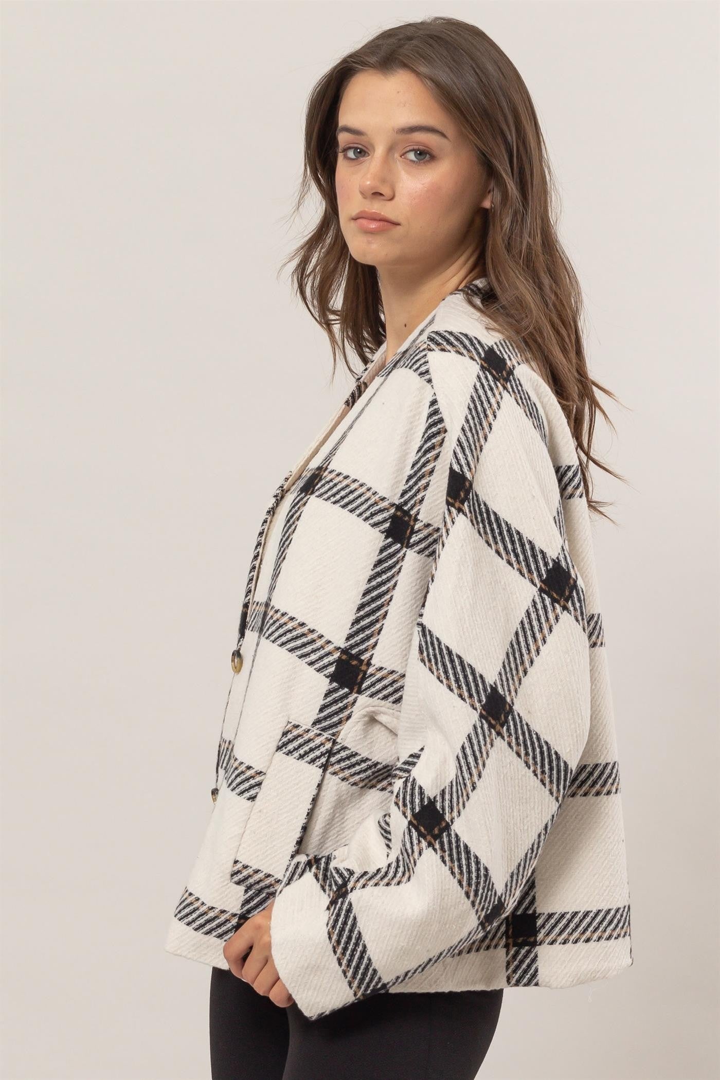 HYFVE Plaid Long Sleeve Jacket with Side Slit Pockets 