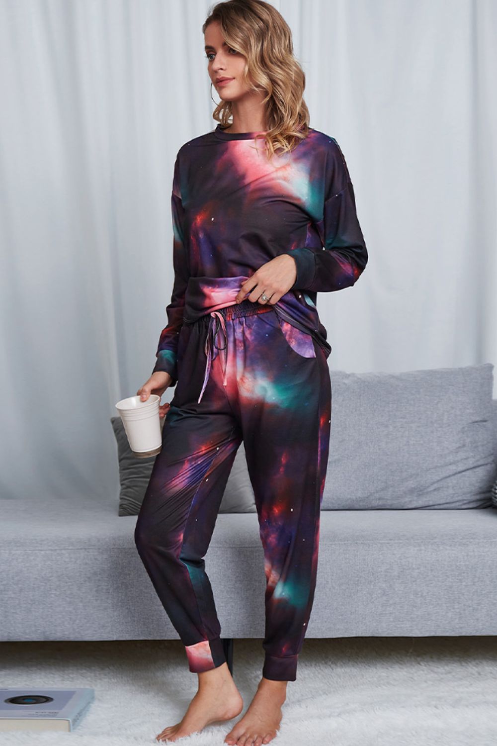 Shiny Tie-Dye Crewneck Top and Drawstring Waist Joggers Lounge Set Lingerie & Nightwear