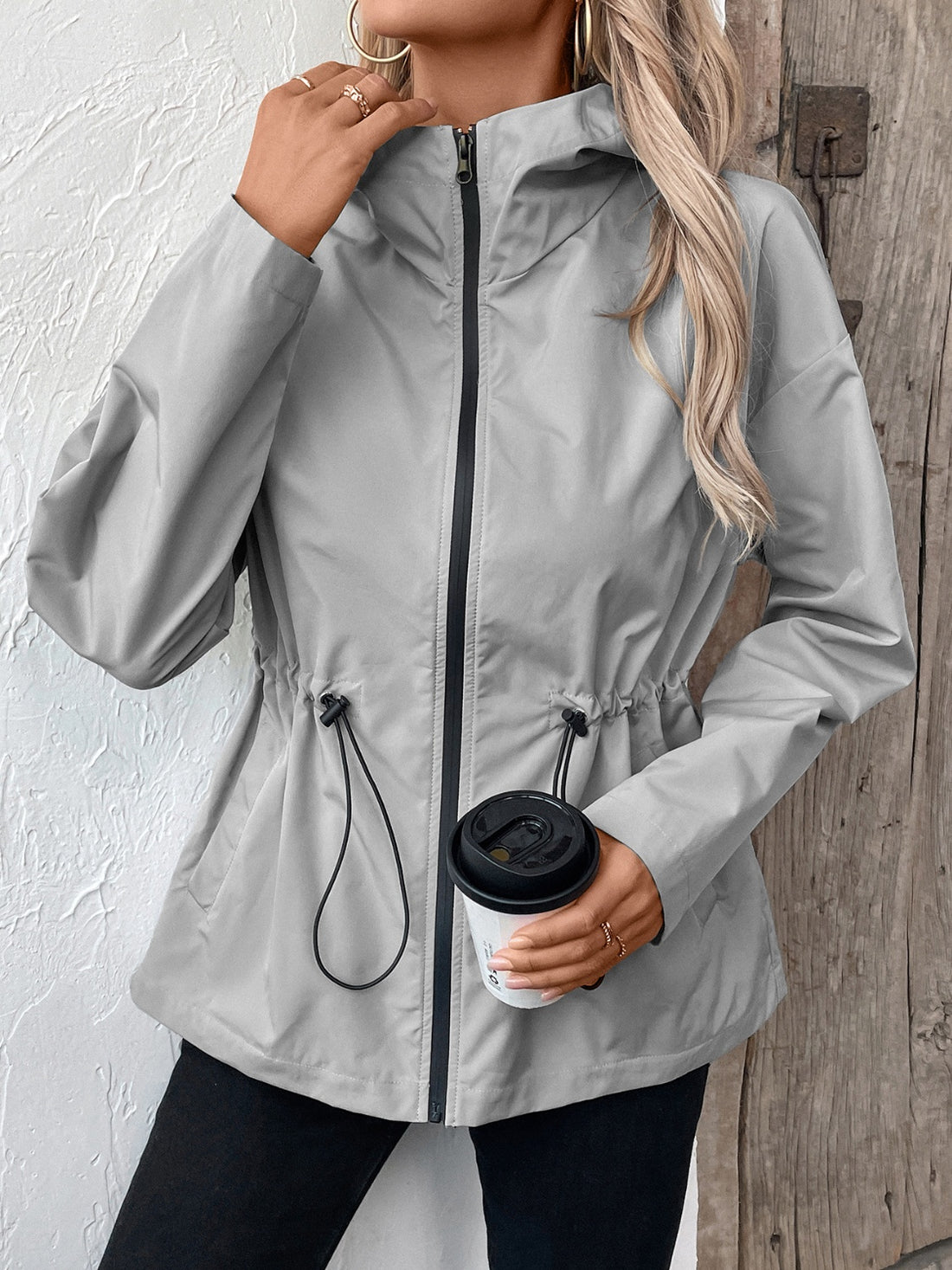 Ivy Lane Drawstring Zip Up Hooded Jacket 