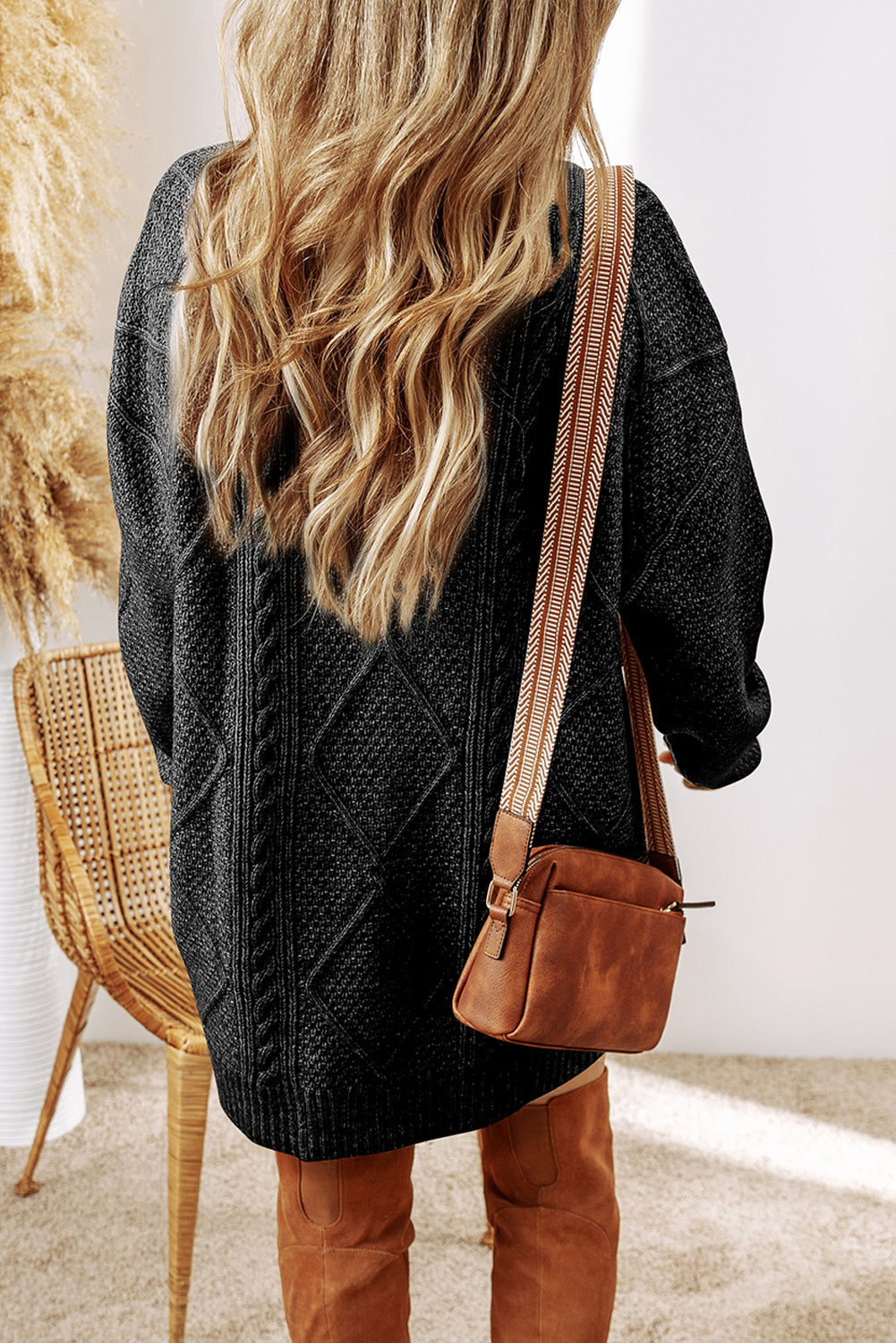 Coffee Cable Knit Drop Shoulder Loose Fit Sweater Dress Sweaters & Cardigans/Sweater Dresses