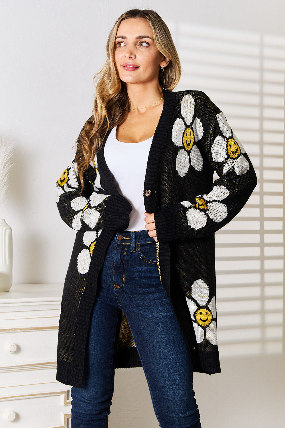 Perfee Floral Button Down Longline Cardigan 